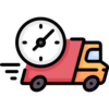 Symbolgrafik eines gelb-roten Lieferwagens mit einer großen Uhr auf dem Dach, die schnelle Lieferung oder Expressversand symbolisiert. Die Illustration steht auf transparentem Hintergrund und steht für zeitnahe Zustellung oder schnellen Versandservice.