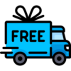 Symbolgrafik eines blauen Lieferwagens mit der Aufschrift 'FREE' und einer Geschenkverpackung auf dem Dach. Die Illustration steht auf transparentem Hintergrund und symbolisiert kostenlosen Versand oder Gratislieferung.