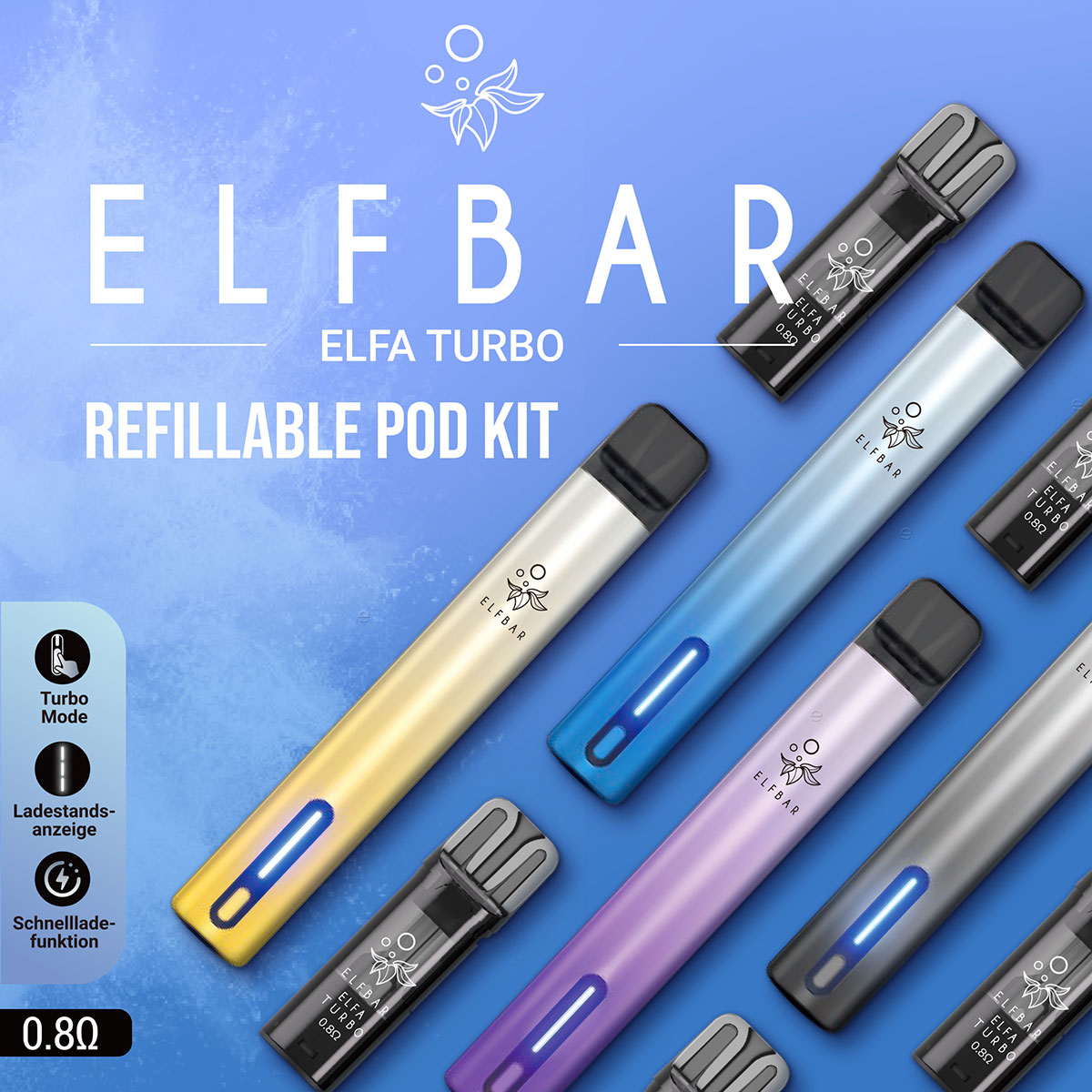 Produktbild des ELFBAR ELFA Turbo Refillable Pod Kits in verschiedenen Farben (Gold, Blau, Lila, Silber, Schwarz) vor einem blauen Hintergrund. Die E-Zigaretten verfügen über eine Turbo-Mode-Funktion, eine Ladestandsanzeige und eine Schnellladefunktion. Ideal für ein intensives Dampferlebnis mit innovativer Technologie und wiederbefüllbaren Pods. Widerstand: 0.8Ω.