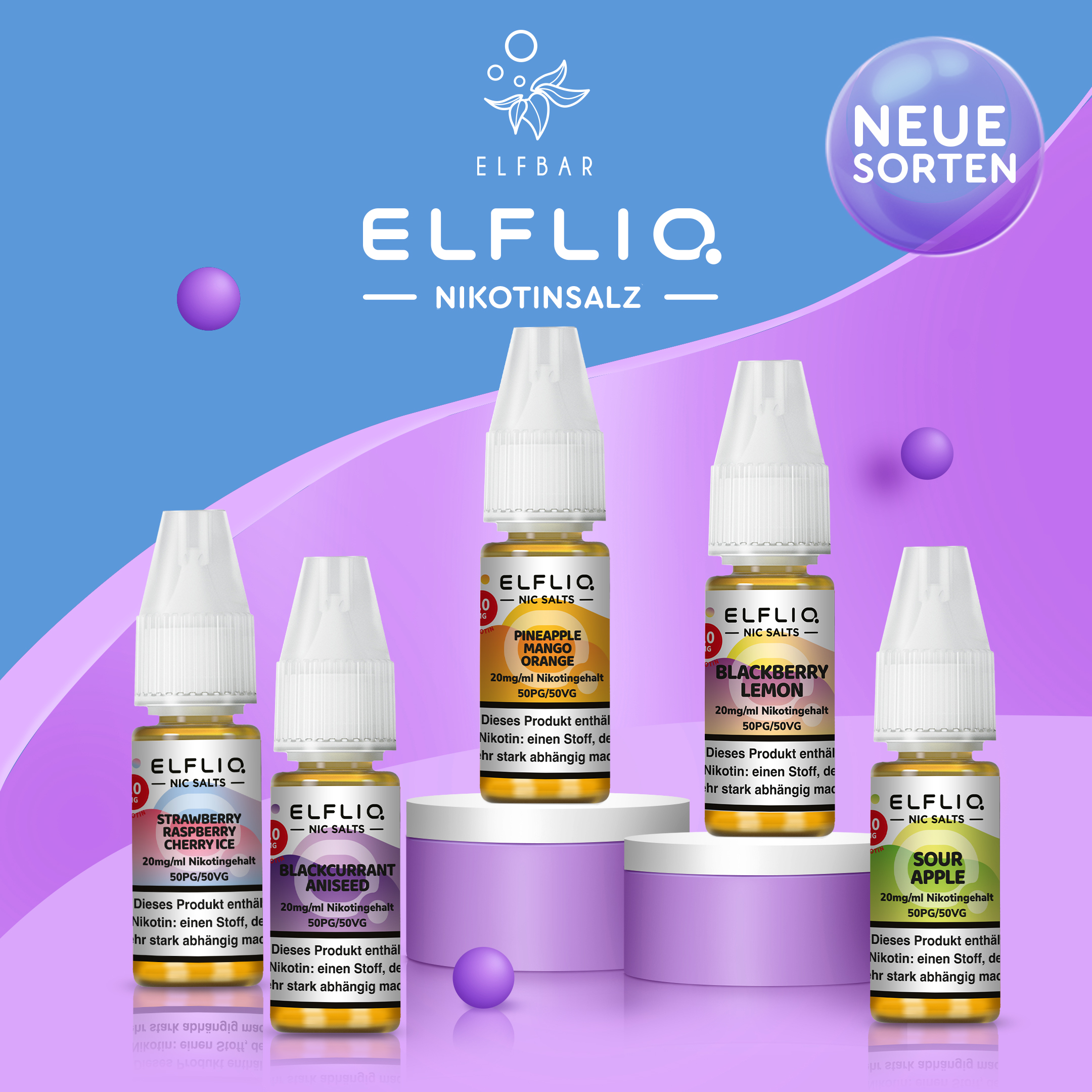Produktbild der neuen ELFBAR ELFLIQ Nikotinsalz E-Liquids in verschiedenen Geschmacksrichtungen: Strawberry Raspberry Cherry, Blackcurrant Aniseed, Pineapple Mango Orange, Blackberry Lemon und Sour Apple. Die E-Liquids enthalten 20mg/ml Nikotingehalt und bieten ein ausgewogenes VG/PG-Verhältnis von 50/50. Ideal für intensives Dampfen mit authentischen Fruchtaromen. Präsentiert vor einem modernen lila-blauen Hintergrund.